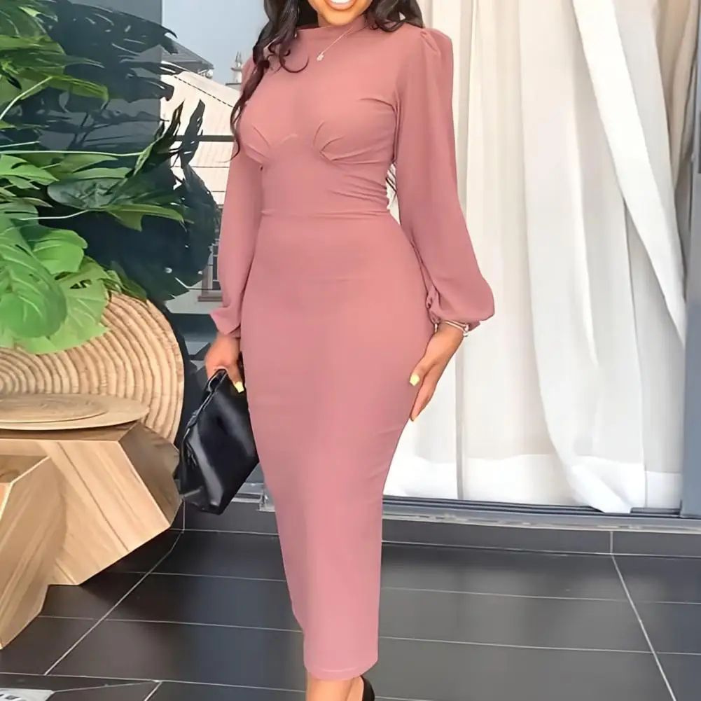 

Autumn Elegant Slim Dress Half High Collar Long Sleeve Waist Tight Hip Wrap Midi Dress Solid Color Skinny Party Midi Long Dress