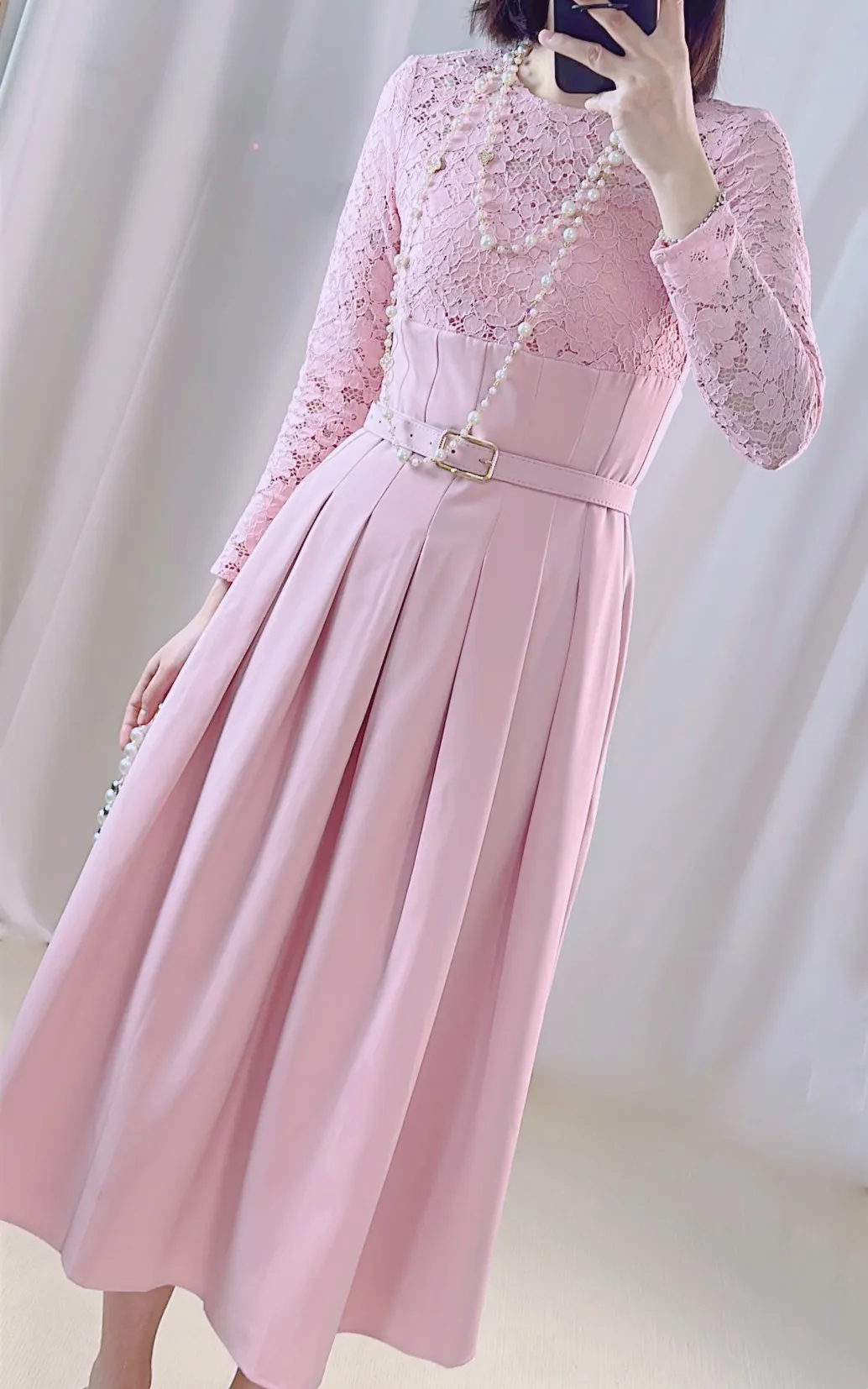 New Women's Wear for Spring And Summer 2023Fashion round Neck Contrast Color Lace Stitching Long Sleeve Long Dress 0320