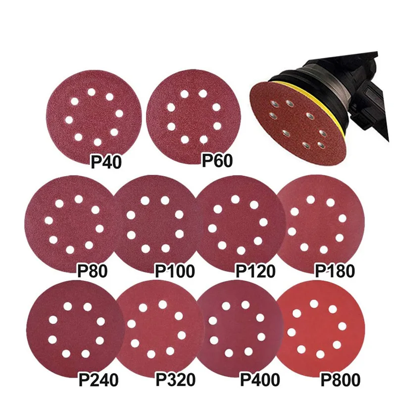 10PC 5inch 125MM Round Sandpaper Disk Sander Disc 40/60/80/100/240/320//800 Grit Hook and Loop Sanding Grinding Disc Polish