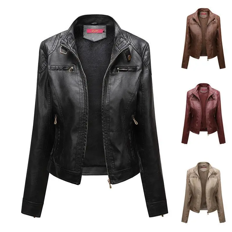 Enlarge Stand collar Leather Jackets New PU Leather Coats Moto Biker Streetwear Zipper Overcoat Women Jackets 2023 Spring Clothes Black