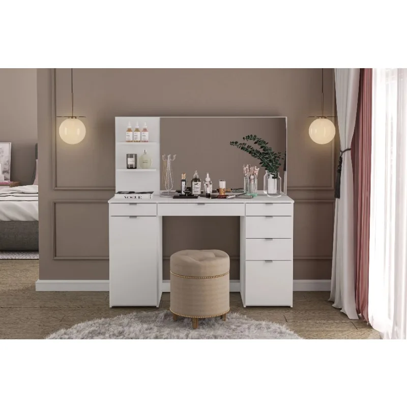 

Polifurniture Amelia Modern Bedroom Vanity Table with Mirror, White Finish