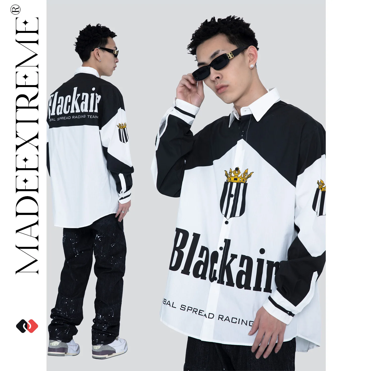 

MADEEXTREME retro street color block letter print oversized shirt 2022 spring new men fashion clothing hip hop men casual shirt