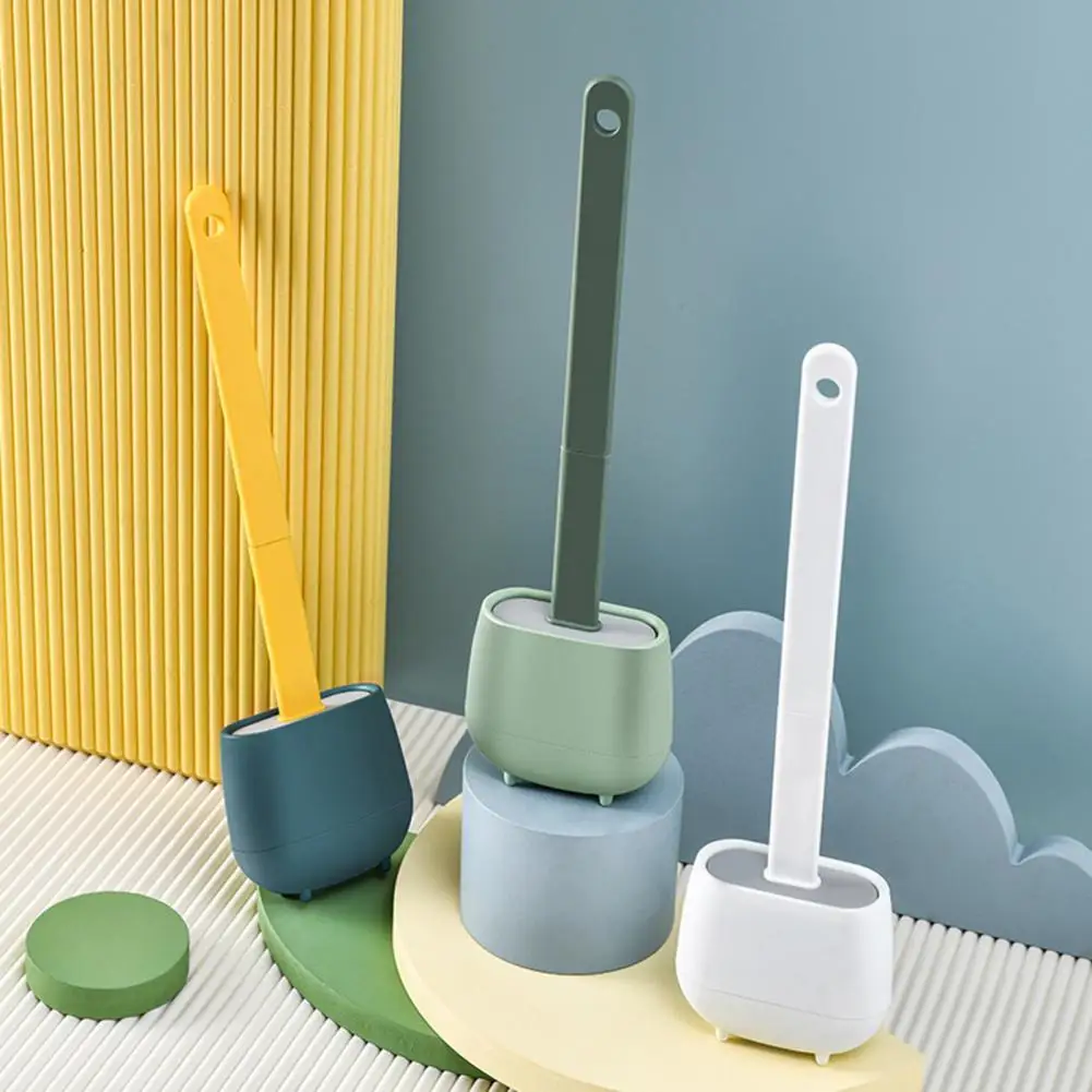 

Toilet Brush Water Leak Proof with Base Silicone Wc Flat Head Flexible Soft Bristles Brush with Toilet Drying Holder Accessories
