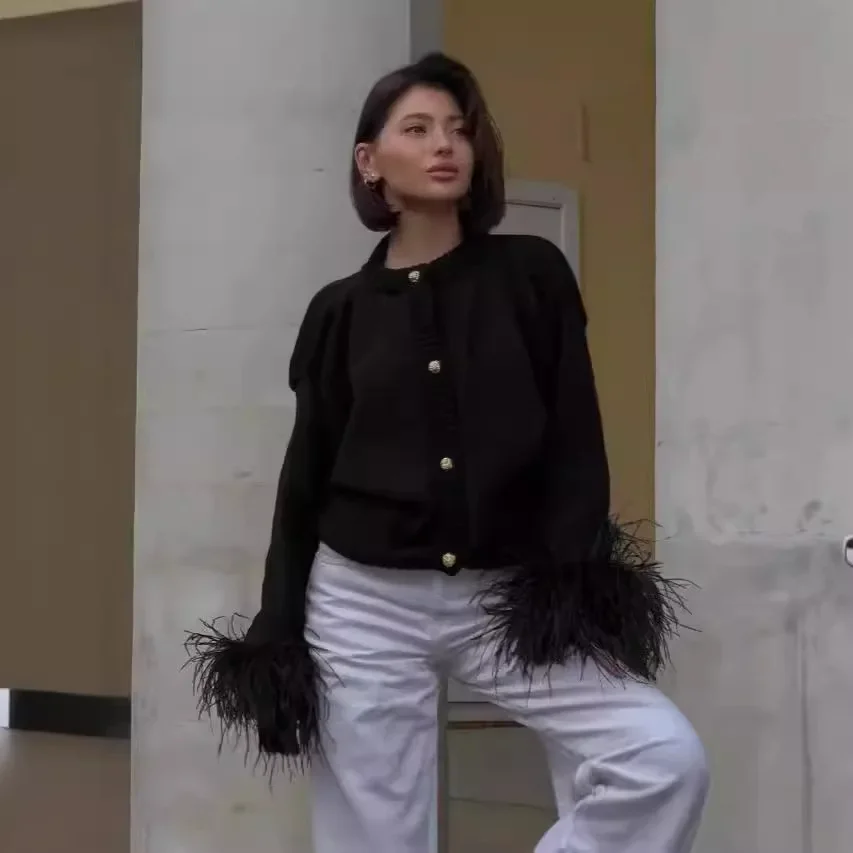 2025 вязаный кардиган в стиле пэчворк с перьями женский модный однобортный