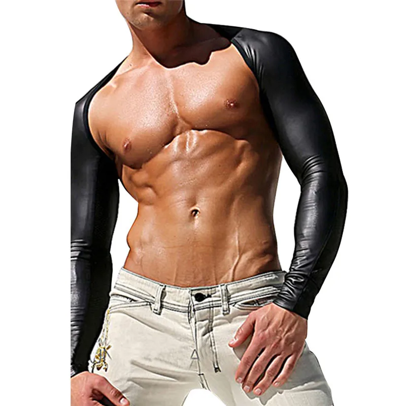 

Sexy Gay Clothes PVC Leather Long Sleeve Crop Tops Wetlook Fetish Men Body Arm Bondage Costumes Erotic Sissy Lingerie for Gay