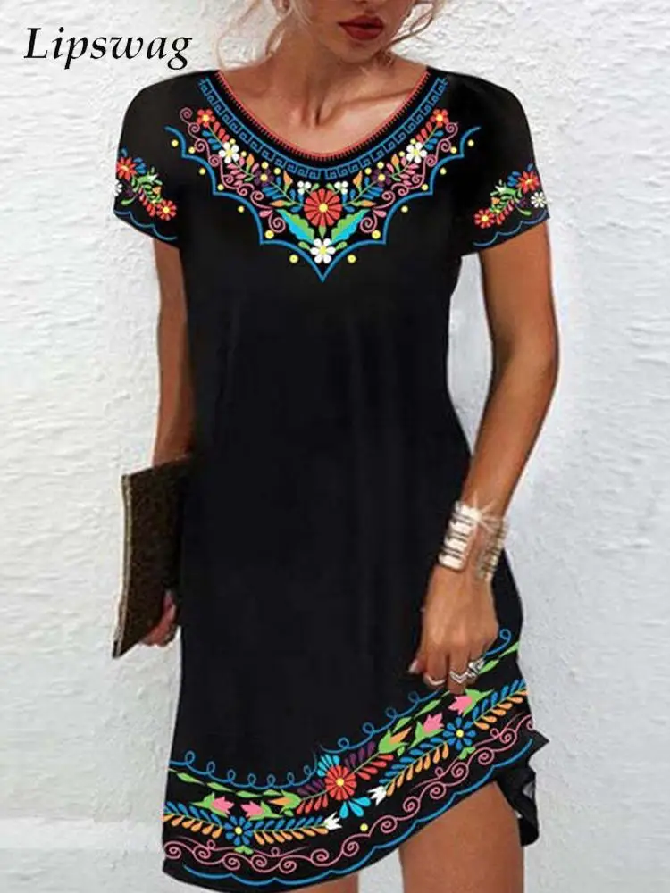 

Женское этническое мини-платье с круглым вырезом, винтажное свободное платье в стиле бохо с цветочным принтом и коротким рукавом, женское П...