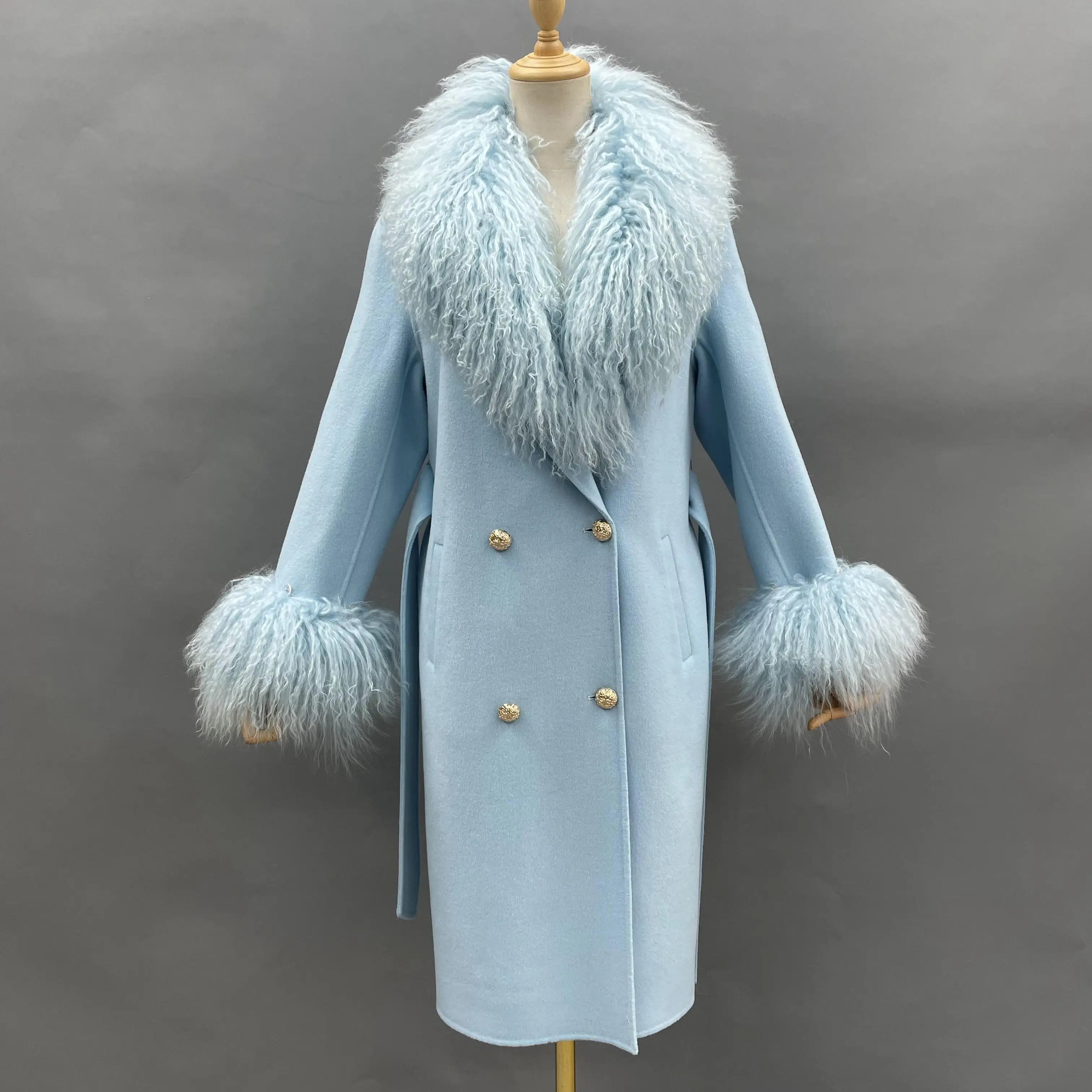 

MISSJANEFUR Hot Sale Long Wool Coat Green Women Mongolian lamb fur Collar Cuff Slim Elegant Double-Breasted Real Fur Coat 2022