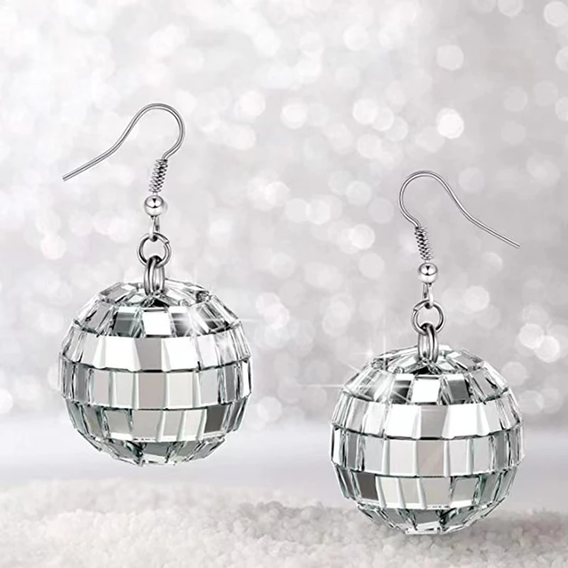 

1 Pair 70s Silver Color Shiny Disco Ball Dangle Earrings for Women Cool Fashion Jewelry Retro Round Drop Earrings