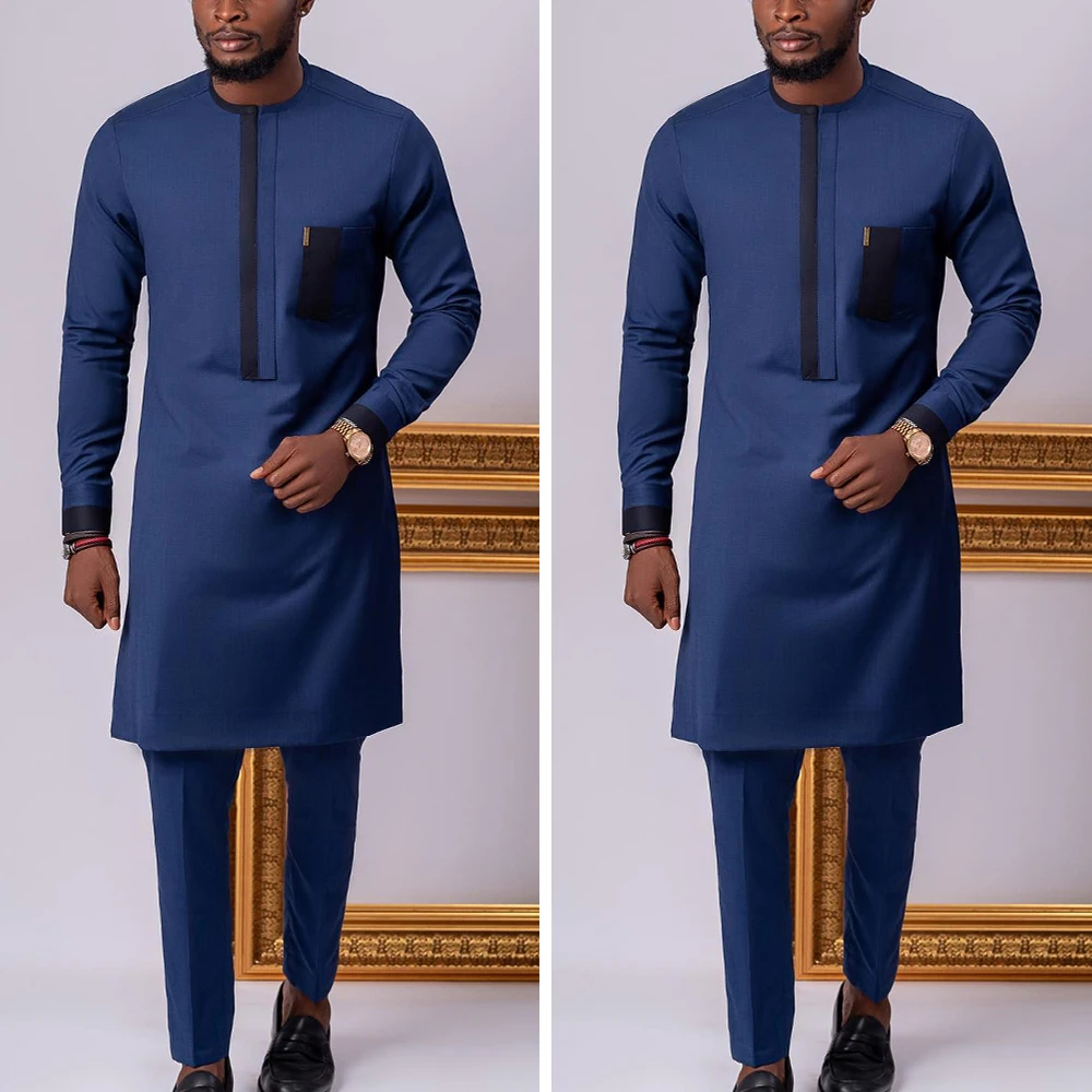 African Men Clothing Set Crew Neck Gentleman Long Shirt and Casual Pants Two Pieces Social Party Wear Dashiki Men Suit