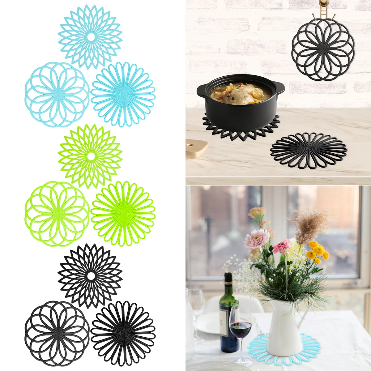 

3Pcs Silicone Trivet Mat 7.9inch Anti-Slip Hot Pot Holder Heat-Resistant Round Hot Pad Set Hollow Flower Shape Hot Dishes Pad
