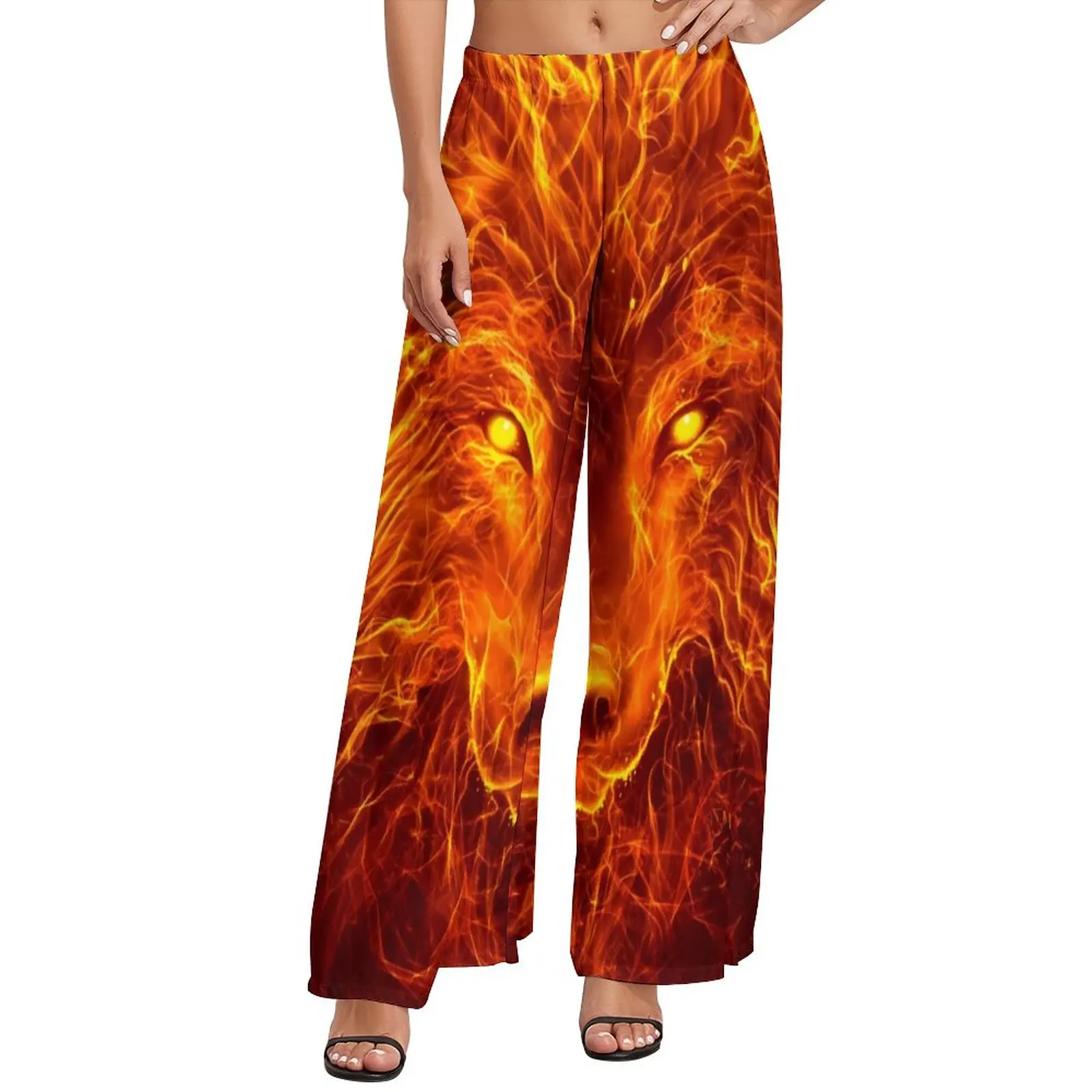 

Fire Wolf Head Pants Womens Abstract Animal Korean Fashion Trousers High Waist Classic Wide Pants Birthday Gift
