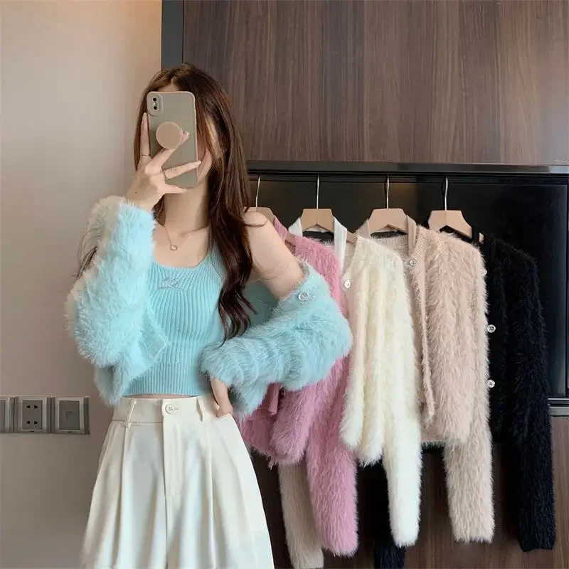 Женский трикотажный кардиган на бретелях розовая кашемировая кофта из меха