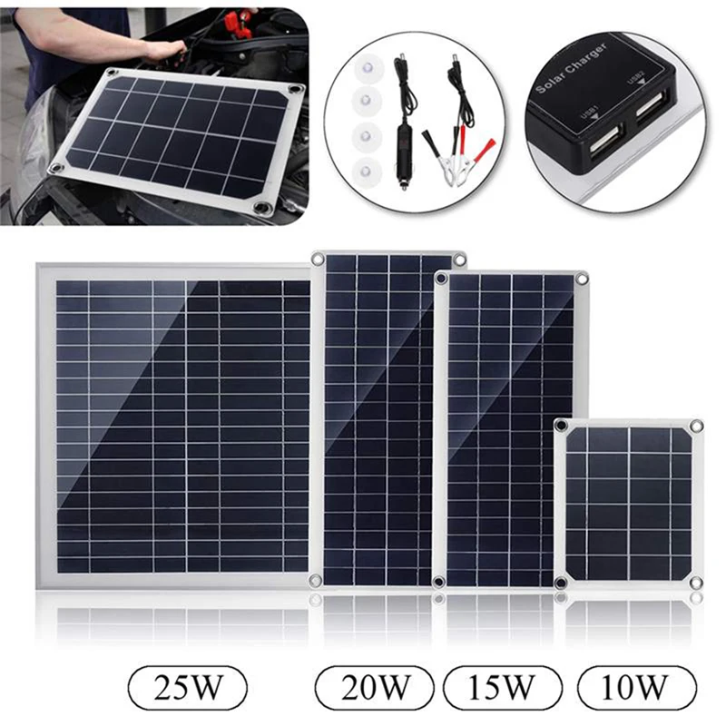 

10/15/20/25W Solar Panel 12V/5V Battery Charger For RV Boat Car Alligator Clip Solar Panel Battery Charger Home Grid Camp Phone