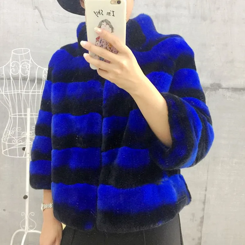 Women's Real Rex Rabbit Fur Coat Stand Collar Natural Fur Winter Jacket Long Style Chinchill Genuine Fur Coats