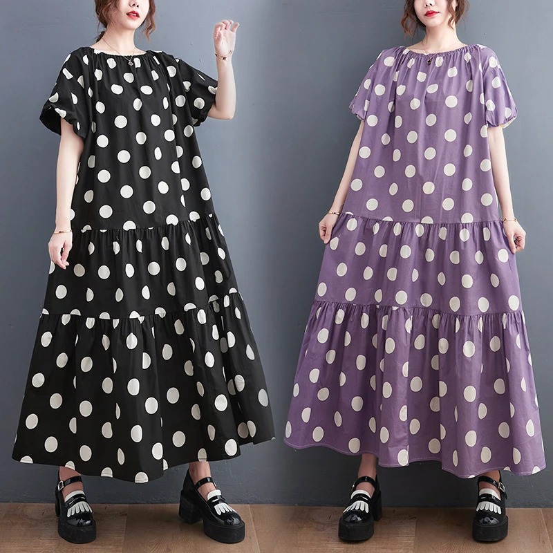 

2023 New Arrival Korea Fashion Polka Dots Print Street Fashion Chic Girl's Loose Cozy Summer Dress Women Casual Long Maxi Dress