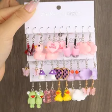 Cartoon Duck Frog Dangle Earrings Set Cute Animal Butterfly Heart Mushroom Drop Earrings for Women Girls Trendy Jewelry Gifts