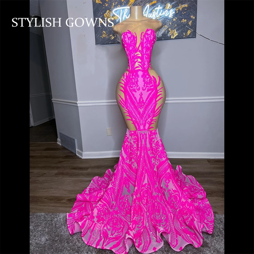 

Pink Sheer O Neck Long Prom Dress For Black Girls Appliques Birthday Party Gowns Mermaid Evening Gown Sequined Formal Dresses
