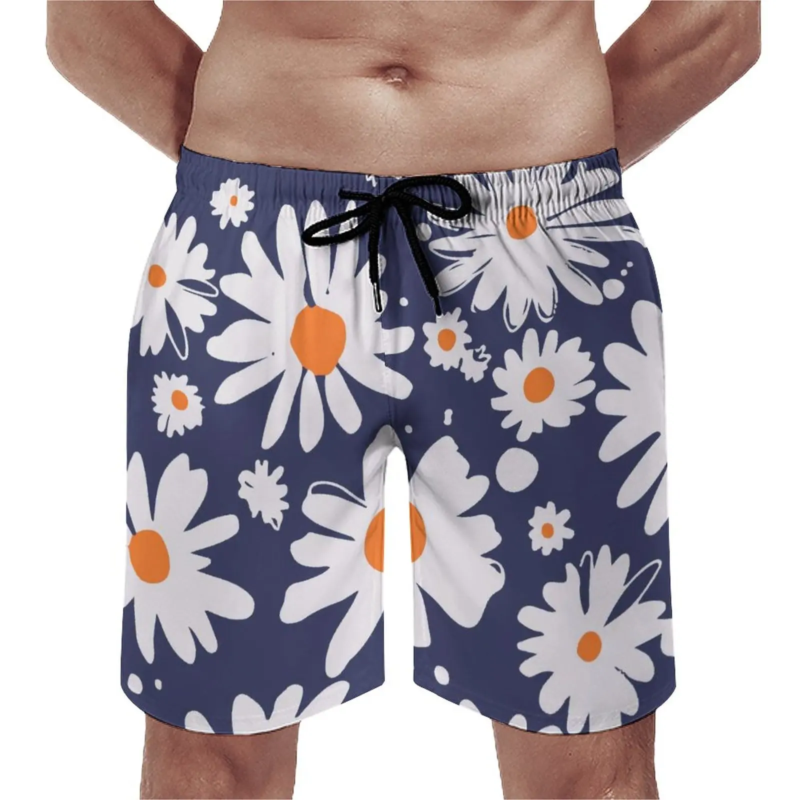 

Daisies White Blue Board Shorts Abstract Flowers Design Beach Short Pants Elastic Waist Classic Printing Swimming Trunks 3XL