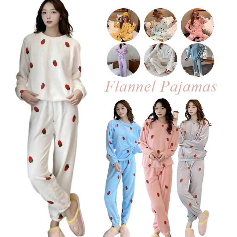 Women's Flannel Pajama Suit Cartoon Cute Winter Thickened Warm Long Sleeve Pajamas Round Collar Pullover Wear Household Clothes
