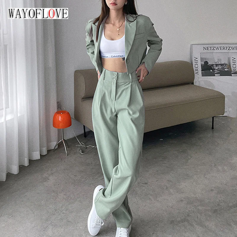 

WAYOFLOVE Fashion Casual Women's Blazer Set Solid Short Blazer Top And Slim Long Pants Tow Pieces Office Lady Blazers Sets Woman