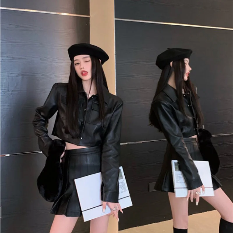 Autumn and Winter Long Sleeve New 2022 Leather Coat Design Sense High-end Short Style Sexy Punk Girl Gothic Top Korean Japan