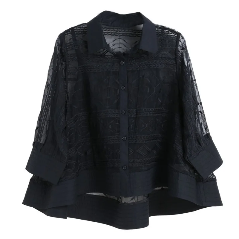 Блузка женская Свободная из органзы с вышивкой однотонная