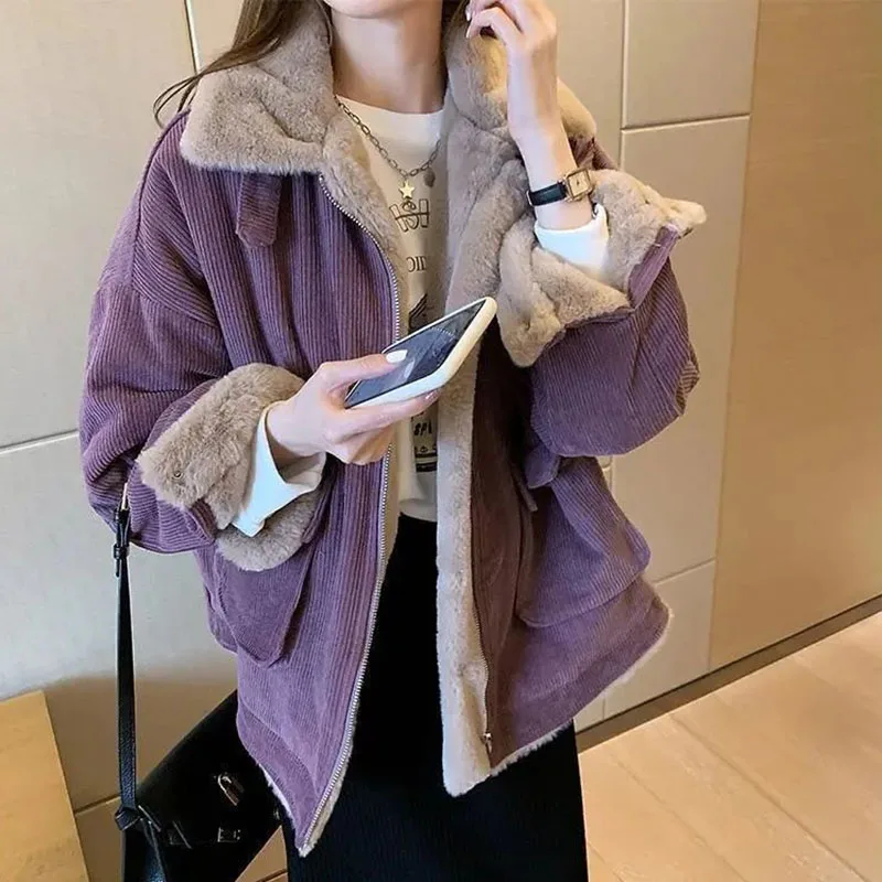 Thicken Women's Winter Jacket Korean Loose All-match Corduroy Coat for Women Oversize Casual Zipper Warm Plush Overcoat 2022 New