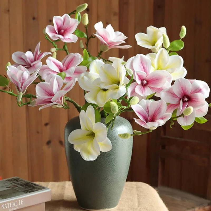 

3 Heads Artificial Flowers Magnolia Real Touch Bouquet Floral Arrangement Home Office Living Room Kitchen Home Farmhouse Decor