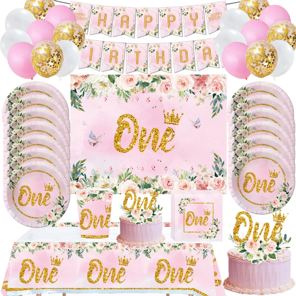 

One First Happy Birthday Party Decorations Pink Flower Crown Disposable Tableware Baby Shower 1 Year Old Birthday Party Supplies