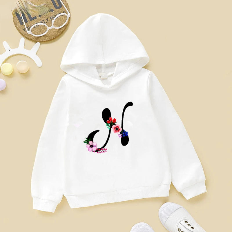 

New Arrival Lovely Floral English Letters Alphabet Print Funny Graphic Hoodie For Children Girls Winter Clothes Thick Sweatshirt