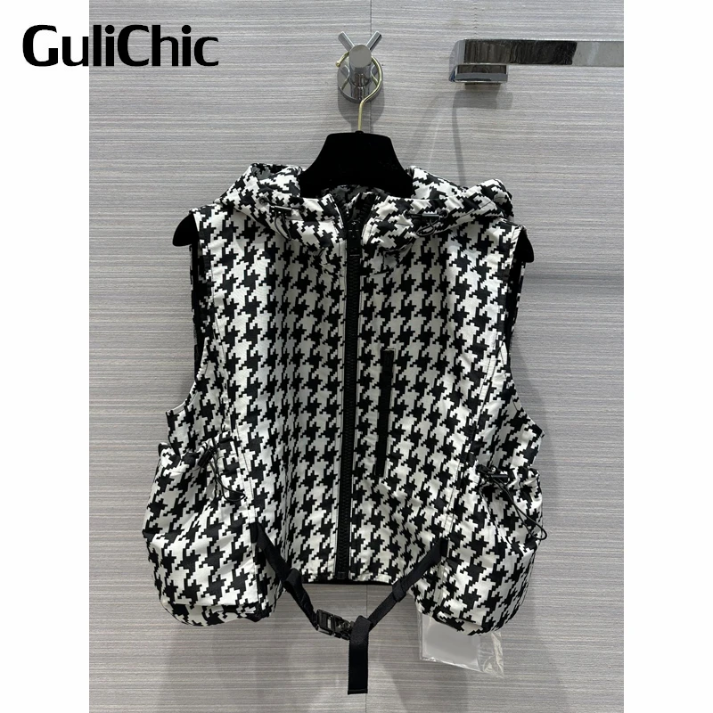 

12.27 GuliChic Women Houndstooth Letter Print Contrast Color Hooded Drawstring Pocket Casual Short Vest