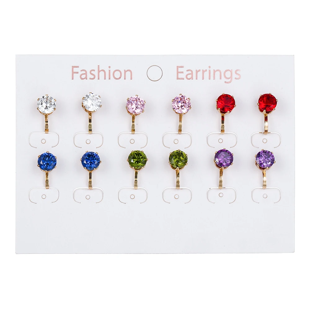 6 Pairs/set Luxury Female Round Colorful Zircon Stone Clip on Earrings Fashion Vintage Gold Non Pierced Ear Clips For Women Gift images - 6