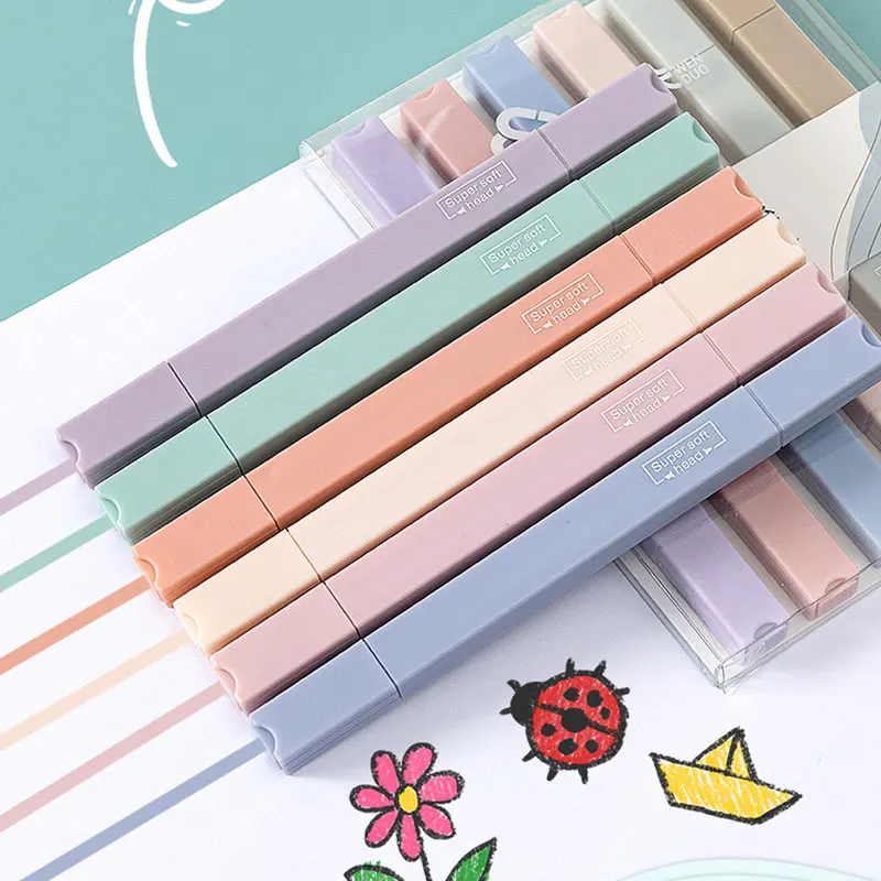 

6 pcs/ste Double Tip Highlighter Pens Kawaii Candy Color Manga Markers Midliner Pastel gel set Stationery journal supplies
