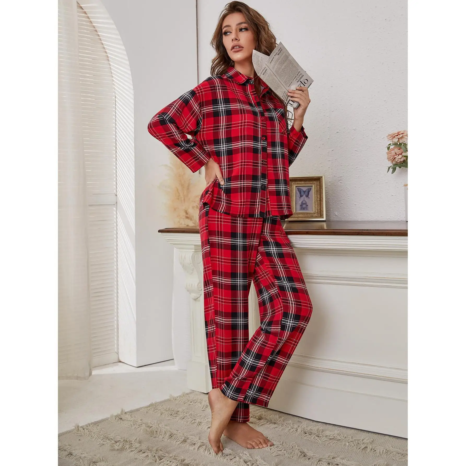 Women's Pajamas Set Christmas Winter Red Plaid Pyjamas For Lady Long-Sleeve Nightwear Sleepwear Home Clothing Designer Pjs