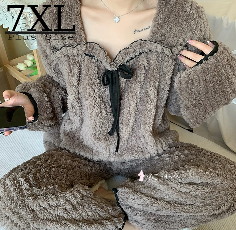 

Autumn Winter Brown Pajama Fleece Women Pajamas Set Pyjamas Flannel Warm Sleepwear Large Size 7XL 5XL Night Suits Homewear