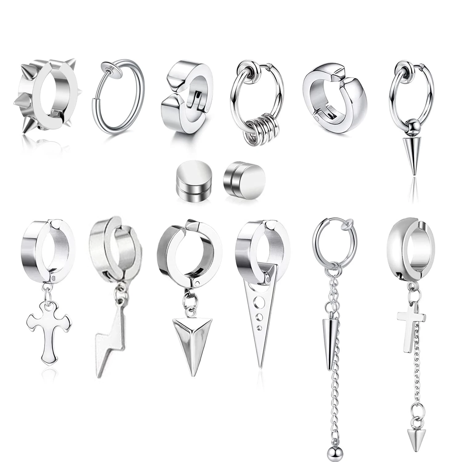 

14PCS Stainless Steel Non-Piercing Spike Rivet Cross Dangle Tassel Clip on Hoop Earrings Set Fake Ear Clip Earring for Women Men