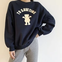 woman sweatshirt korea aesthetic fleece clothes dark blue vintage letter print pullovers loose body pull streetwear 2021 women