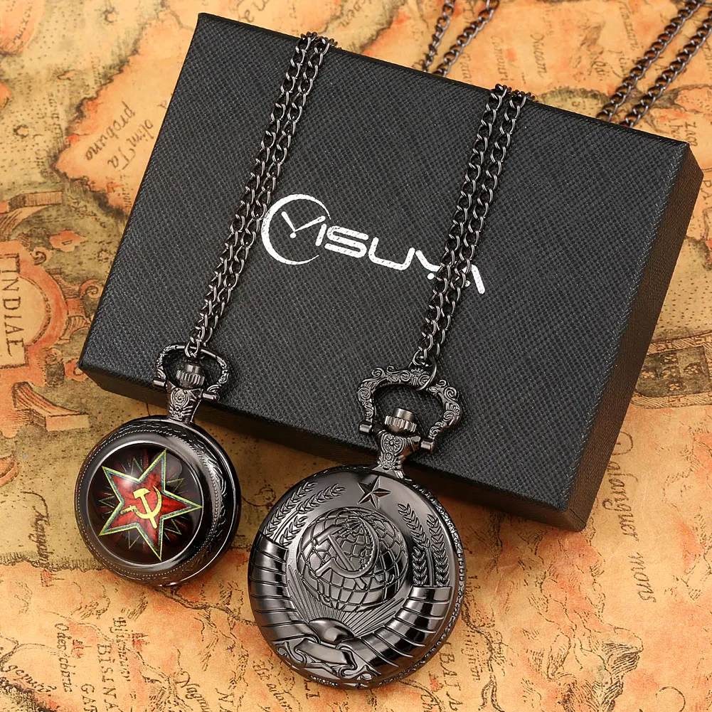 2PCS Black Pocket Watch Sets for Men Ussr Vintage Pocket Watch Mens Quartz Pocket Watch Pedent Clock Gifts Set Карманные часы