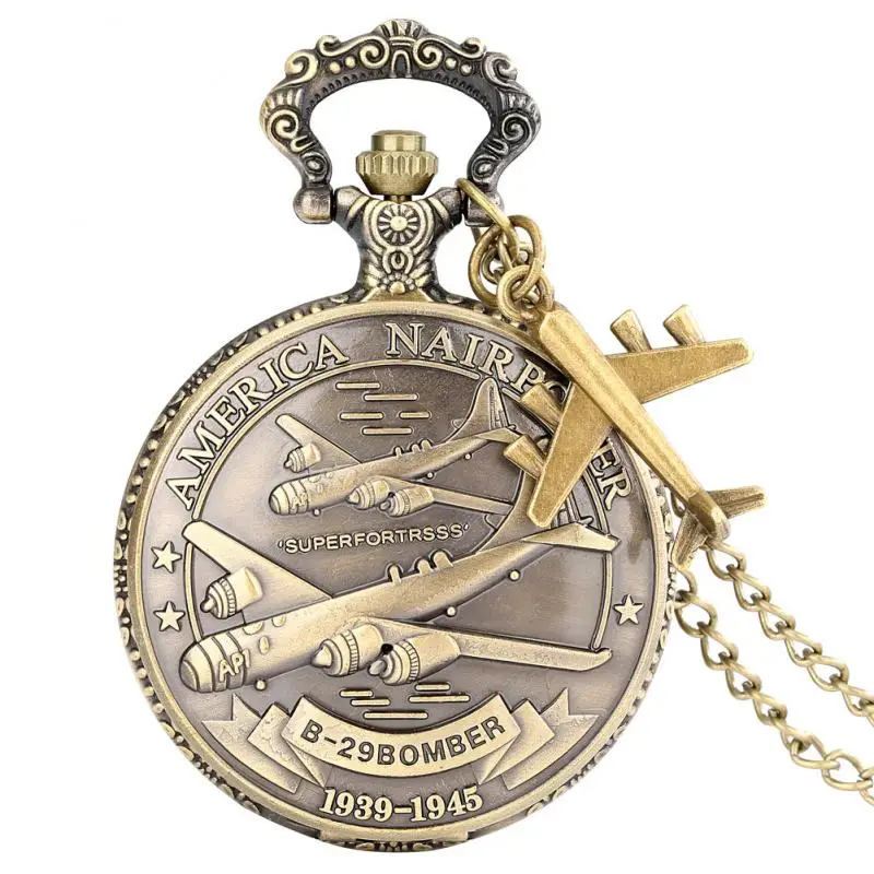 

1939-1945 America Nairpower B-29 Aircraft Quartz Pocket Watch Retro Army Military Necklace Chain Clock with Airplane Accessory