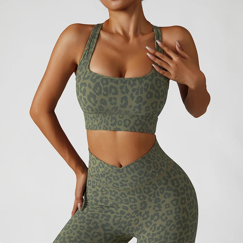 Leopard Print Yoga Bra With Chest Pad Shockproof Running Camouflage Sports Bra Elasticity Lingerie Sexy Women's Gym Fitness Vest