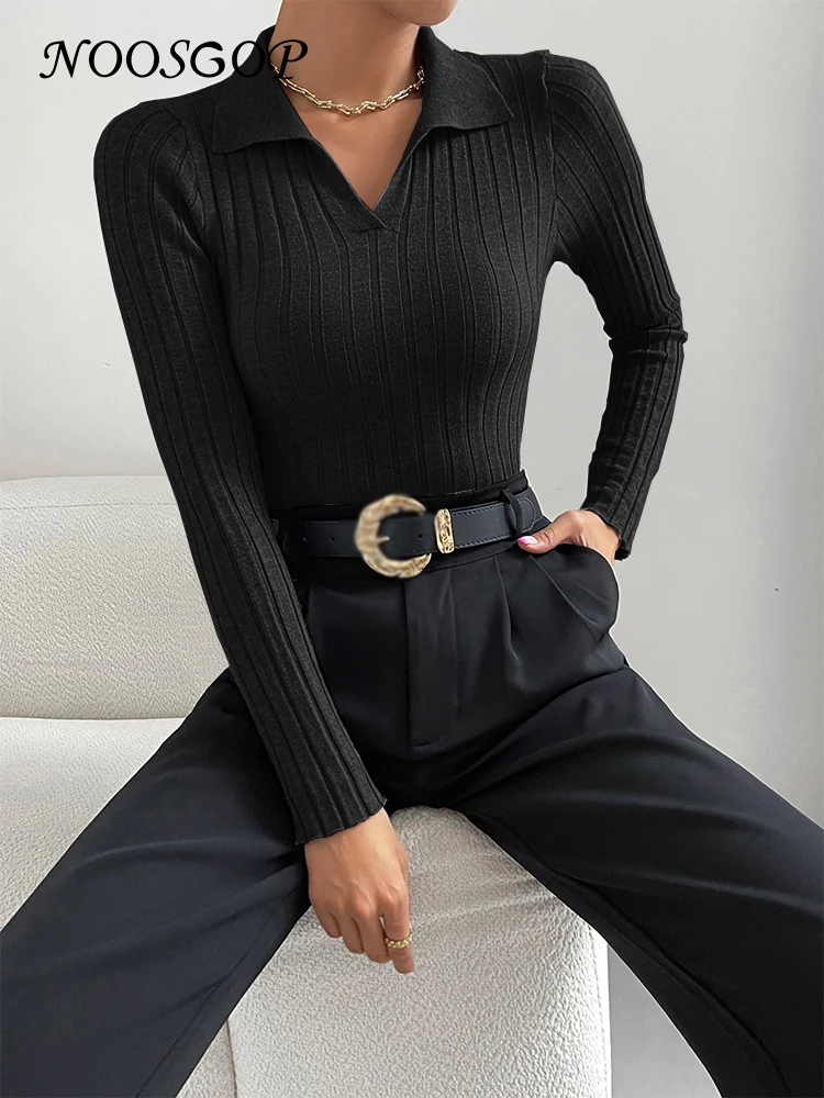 

NOOSGOP Multi Basic Knitwear Slim Bottoms Stretchy Jumper Top Soft Knit Thin Autumn Turn Down Collar Pullover Sweater For Women