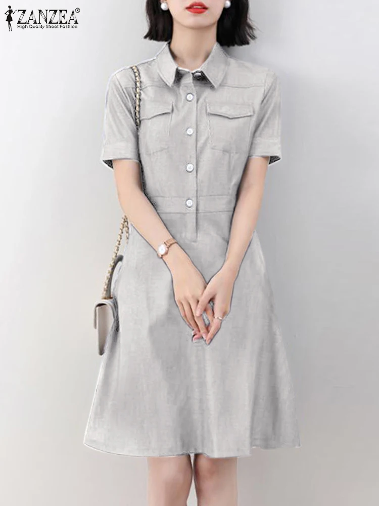 

ZANZEA Women Cinched Waist Shirtdress A-line Workplace Casual Short Sleeve Knee-length Dresses Lapel Fashion Daily Short Robes