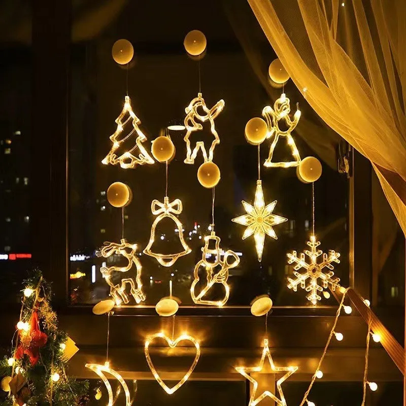Christmas Window Decoration Lamp LED Lights Bell Sucker Snowman Star Holiday Hanging Lamp Lantern for Home Decor New Year