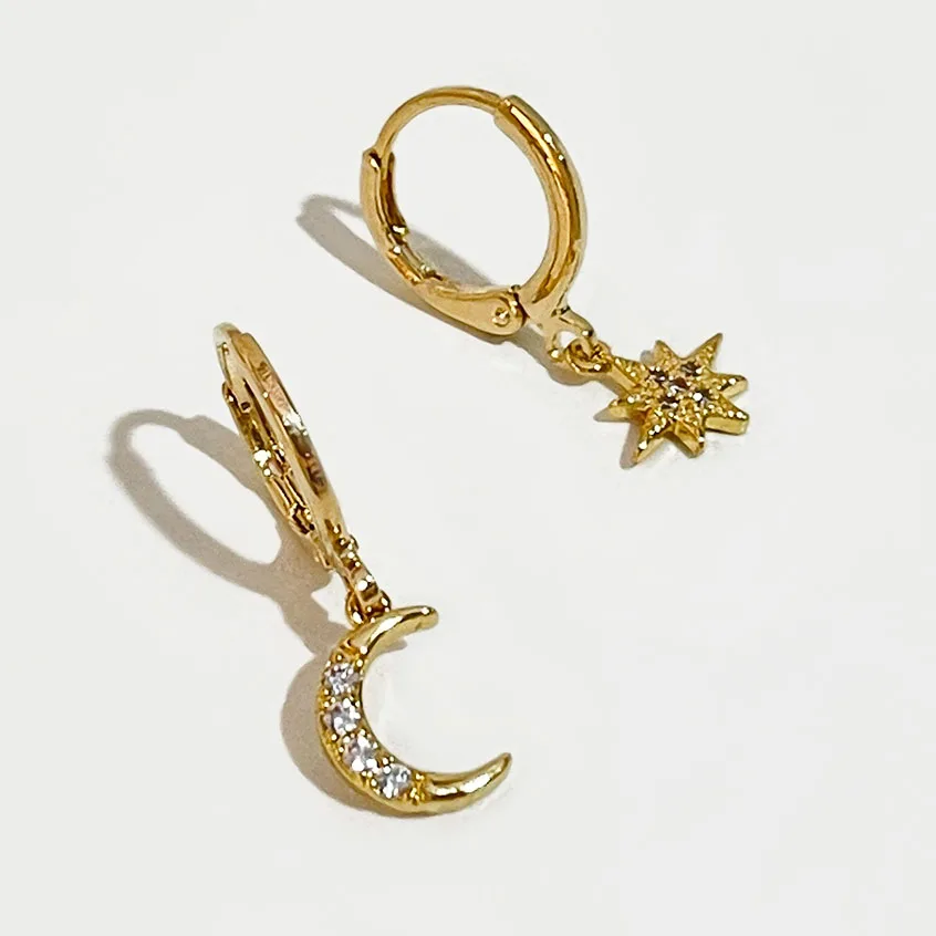 

Peri'sBox Cubic Zirconia Moon Huggie Hoop Earrings for Women CZ Star Charms Small Hoops Dainty Asymmetrical Earrings