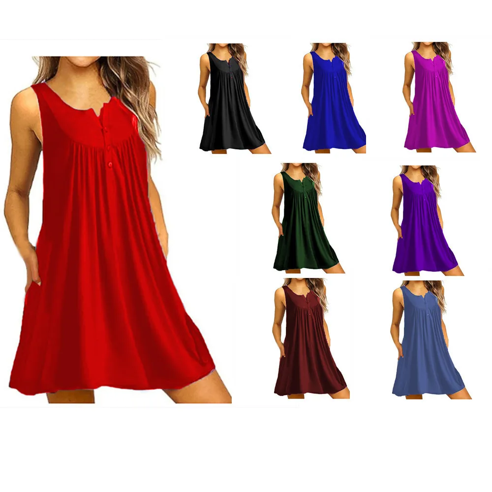 

2023 Summer New Pajamas Women's Button Pleated Tank Top Casual Sleeveless Dress