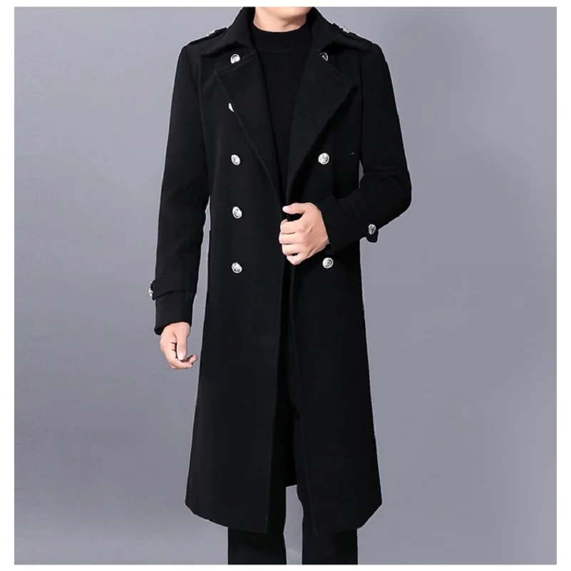 

Длинное пальто для мужчин, зимний теплый Тренч, пальто из шерстяной ткани, мужские двубортные приталенные повседневные куртки, однотонная д...