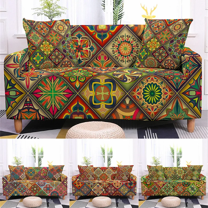 

Geometric Mandala Flower Sofa Cover All-inclusive Elastic Printed Couch Cover L Shape Sofa Cover Protector Home Hotel Decor