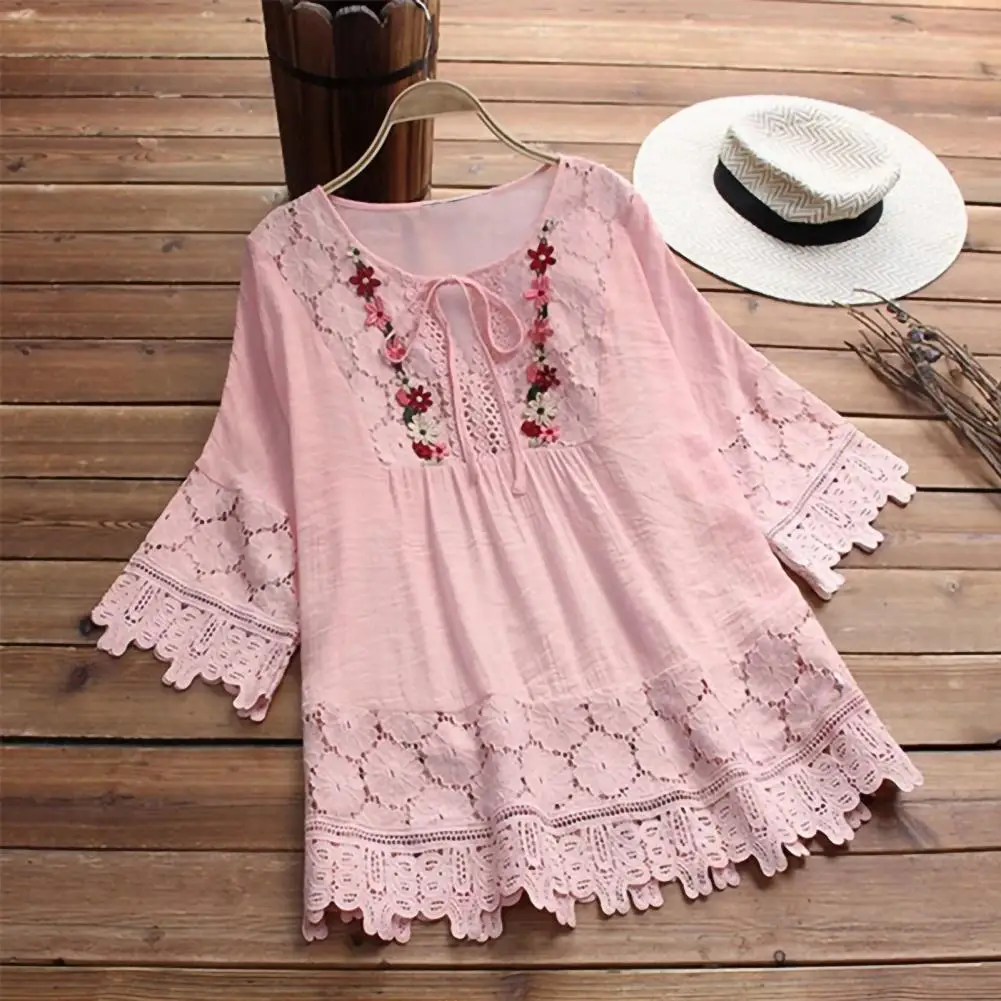 

Stylish Anti-Pilling Casual Blouse Solid Color Sweet Flower Decoration Hollow Lace Patchwork Blouse Three Quarter Sleeve