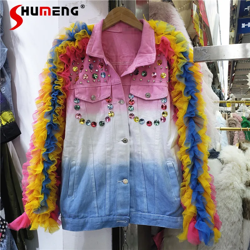 

2022 Spring New Mesh Stitching Contrasting Color Denim Jacket Heavy Diamond Sequined Loose Jean Jacket Coat Women Outerwear Tide