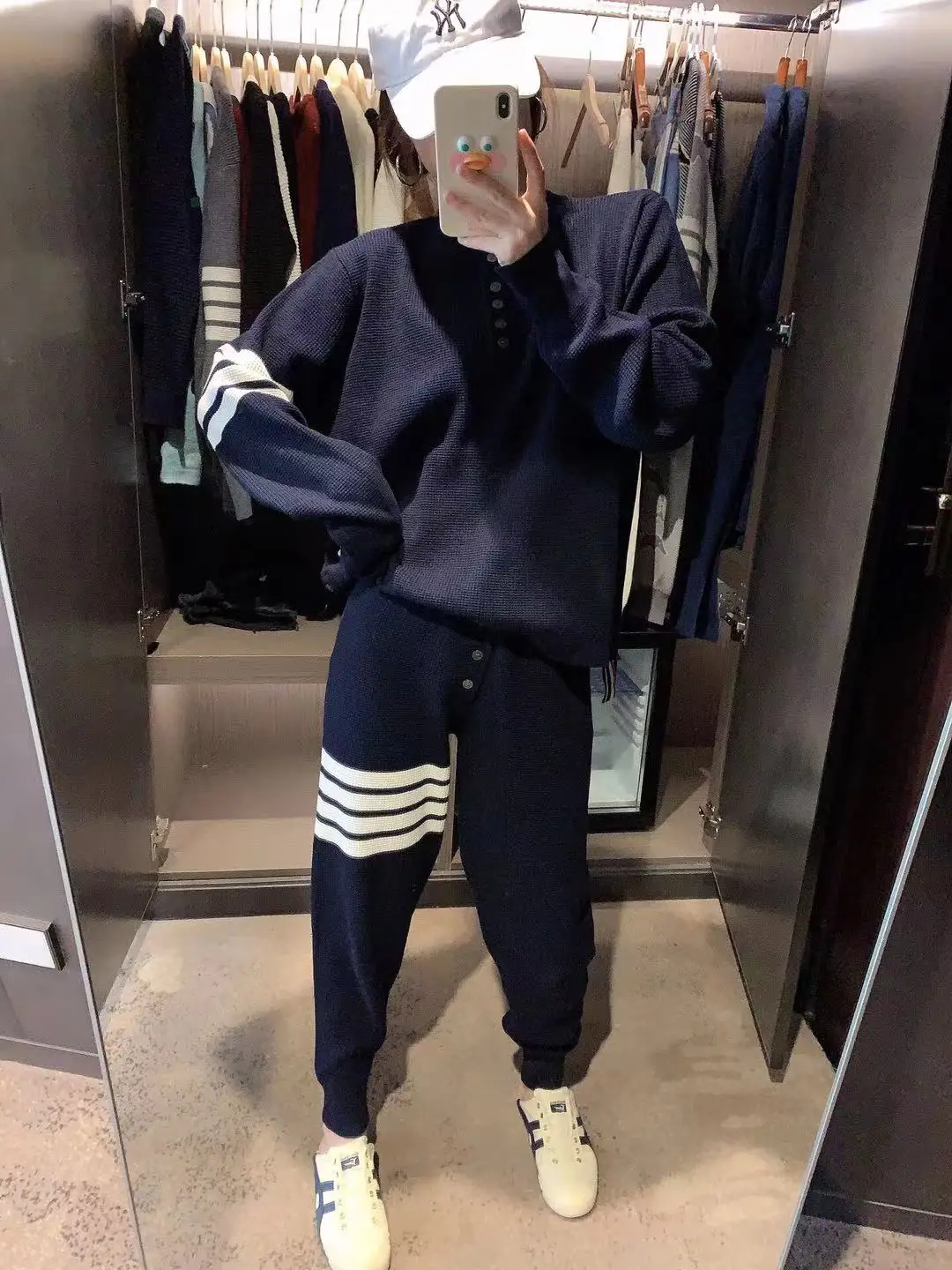 

TB Hanfeng Waffle Casual Sports Suit Autumn and Winter Pullover Single Breasted Wool Knitted Sweater Trousers Two-piece Set